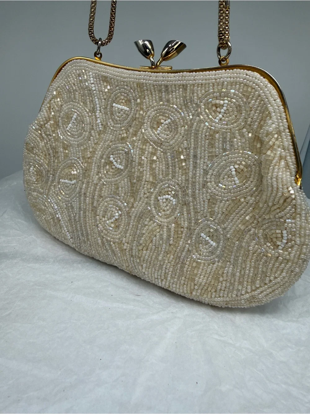 VTG Walborg Ivory Beaded Evening Clutch/Shoulder Bag with Gold Hardware